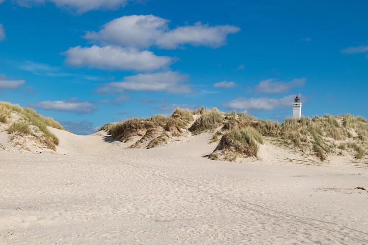 Leuchtturm Blavand – strahlend über Dünen und endlosem Strand unter blauem Himmel