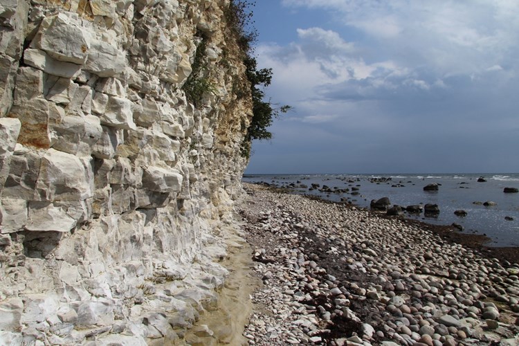 Weiße Kalksteinfelsenküste mit Blick auf den Steinpreis in Arnager auf Bornholm