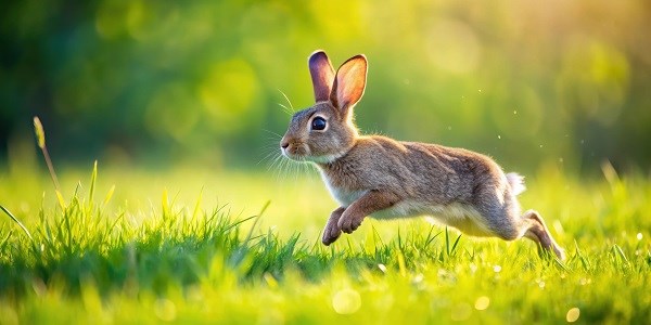 Hase rennt über eine grüne Wiese im Wald