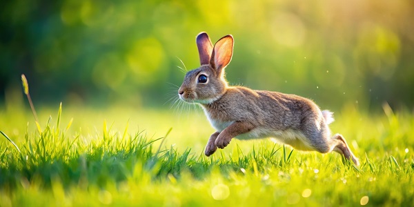Hase rennt über eine grüne Wiese im Wald