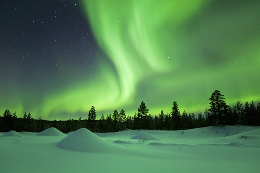 Polarlichter über verschneiter Winterlandschaft, finnisch Lappland