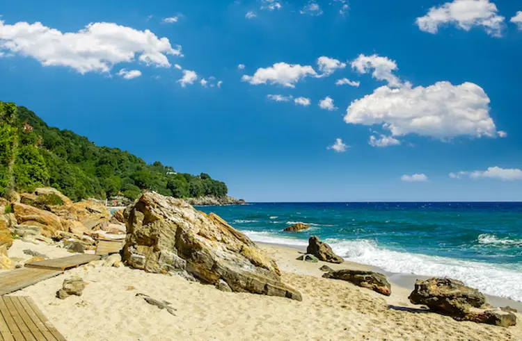 Blick auf den Plaka Strand am Pilion